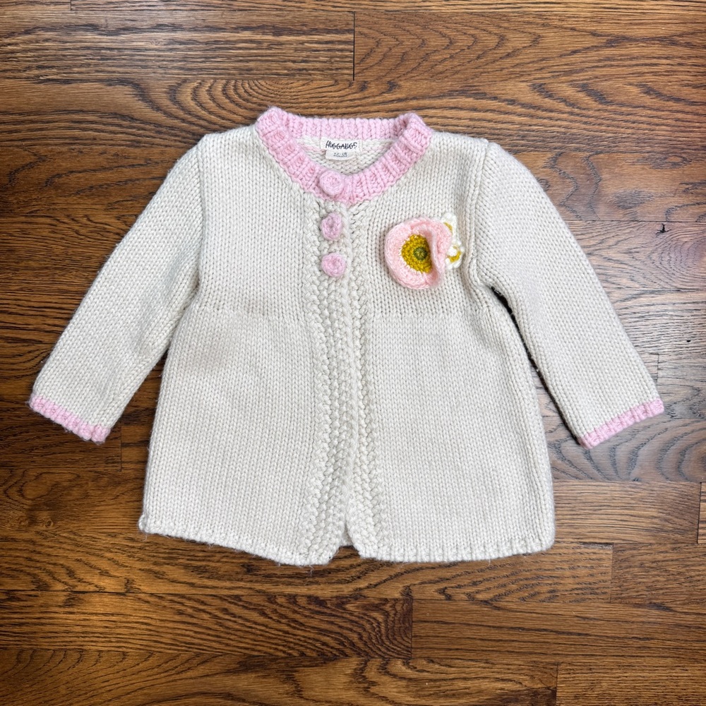 Huggalugs Girls Poppy Blossom Hand Knit Natural Hued Yarn Swing Cardigan 12-18M